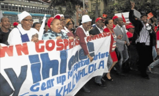 ON SONG: First Lady MaNtulu Zuma, Deborah Frasier, Solly Mahlangu and Zanele Mbokazi were among the marchers in Durban CBD against senior citizen's rape and other forms of abuse. Photo: THEMBINKOSI DWAYISA