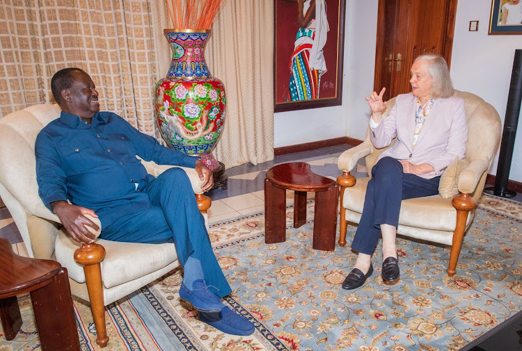 US ambassador to Kenya Meg Whitman, Azimio leader Raila Odinga during a meeting on May 3,2024.