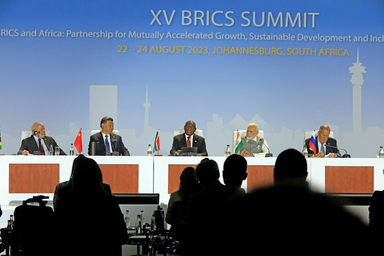 President Luiz Inácio Lula da Silva, Xi Jinping President of the People's Republic of China, President of the republic of South Africa Cyril Ramaphosa, Prime minister of India Narendra Modi and Sergey Lavrov Minister of Foreign Affairs of the Russian Federation at the Brics media briefing in Sandton, Johannesburg South Africa.