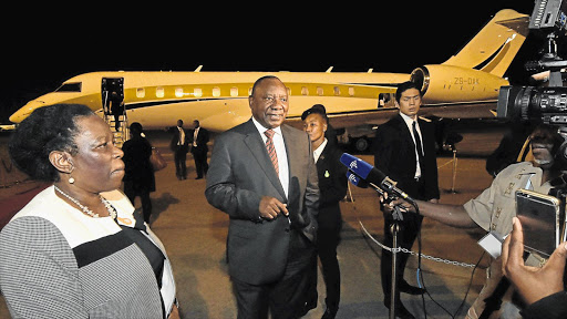 FASTEN SEATBELTS: Deputy President Cyril Ramaphosa gives a media briefing beside the Gupta family jet hired for him and a delegation of businessmen and government officials to travel to Japan on an official trip.