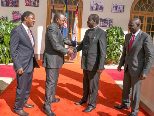 Cord Co-principal Moses Wetangula, President Uhuru Kenyatta, Cord leader Raila Odinga and Deputy President William Ruto at State House on May 31, 2016 Photo/PSCU