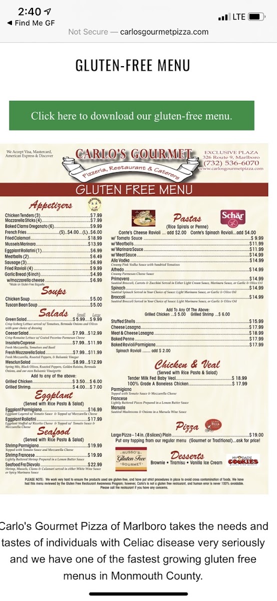 Carlo's Gourmet Pizzeria, Restaurant & Caterers gluten-free menu