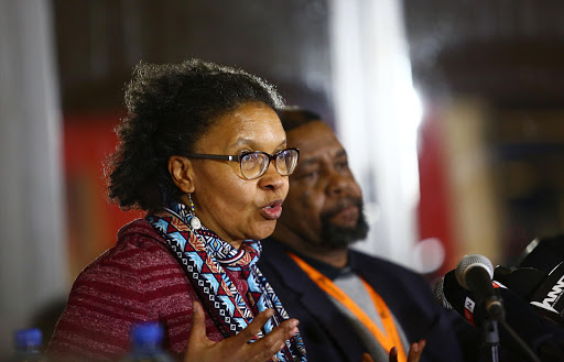 ANC NEC member Febe Potgieter-Gqubule answers a question during a media briefing on the commission of Strategy and Tactics that delegates deliberated on during the ANC Policy Conference in Nasrec as Joel Netshitenzhe listens. Picture: Masi Losi