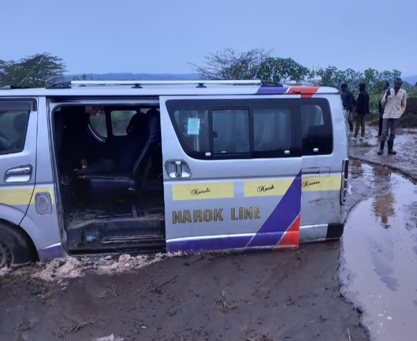 A matatu stuck in mud along Mai Mahiu- Narok road on May 7, 2024.