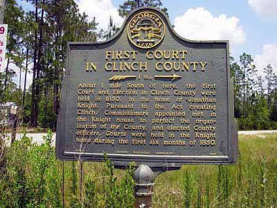 About 1 mile south of here, the first Court and Election in Clinch County were held in 1850, in the home of Jonathan Knight. Pursuant to the Act creating Clinch, Commissioners appointed met in the...