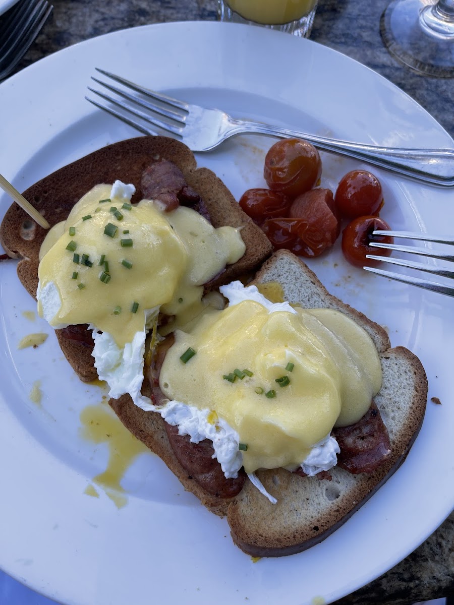 Eggs Benedict with andouille sausage