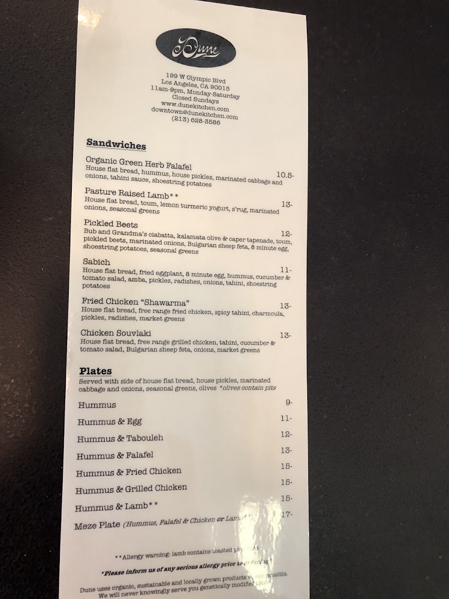 Dune Downtown gluten-free menu