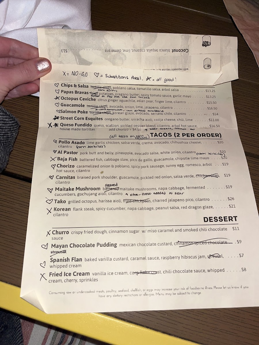 This was the menu the waiter gave me to show me what was safe!