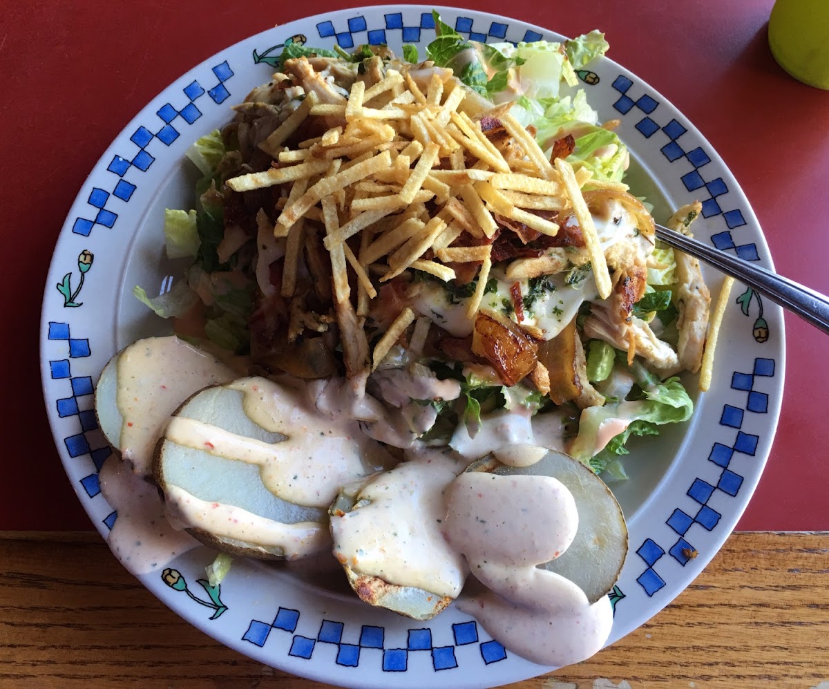 Pollo Gaucho Salad
Chicken, Bacon, Caramelized Onions, Cheese, Romaine, Rumba Chimichurri and Shoestring Potatoes. Slices of Baked Potatoes with Creamy Salsa Dressing. 
Delicious!!