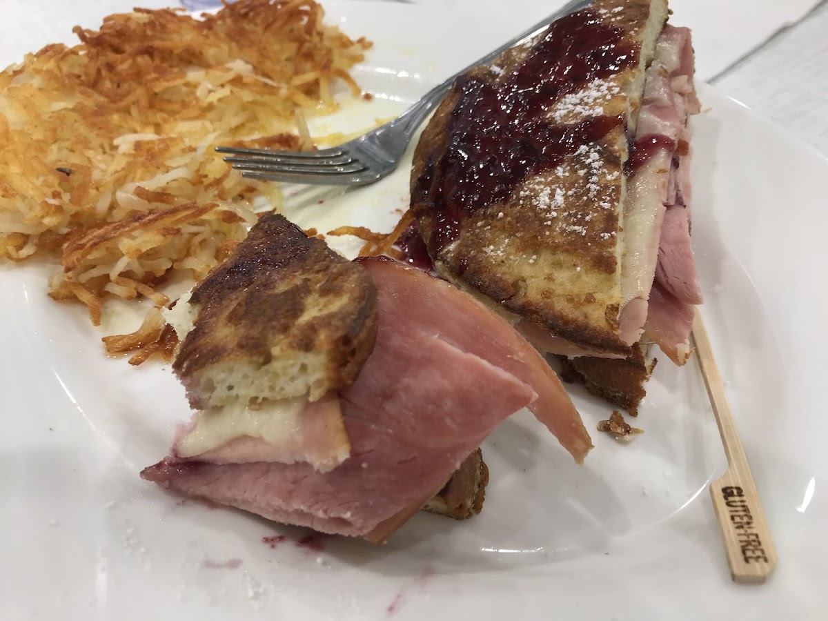 Too hungry and forgot to take the picture before eating it. This was a Monte Cristo sandwich with well done hash browns. Notice the GF toothpick. They have a separate person cooking the GF food.