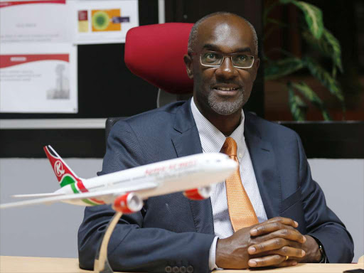 Kenya Airways Chief Executive Officer Mbuvi Ngunze speaks during an interview with Reuters in the capital city of Nairobi, Kenya March 10, 2016. Kenya Airways expects to report an improvement in operating profit and narrower losses for the year ending in March because of savings made by reducing the size of its fleet and lower fuel costs, its chief executive officer said. Picture taken March 10, 2016. REUTERS