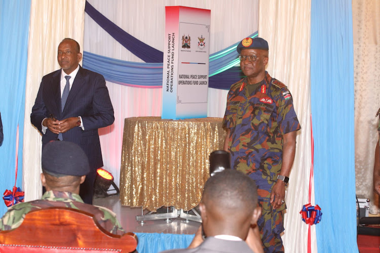 Defence Cabinet Secretary Aden Duale and Chief of Defence Forces General Francis Ogolla during the inauguration of the National Peace Support Operations (PSOs) Fund at Kahawa Garrison, Nairobi on February 1, 2024.