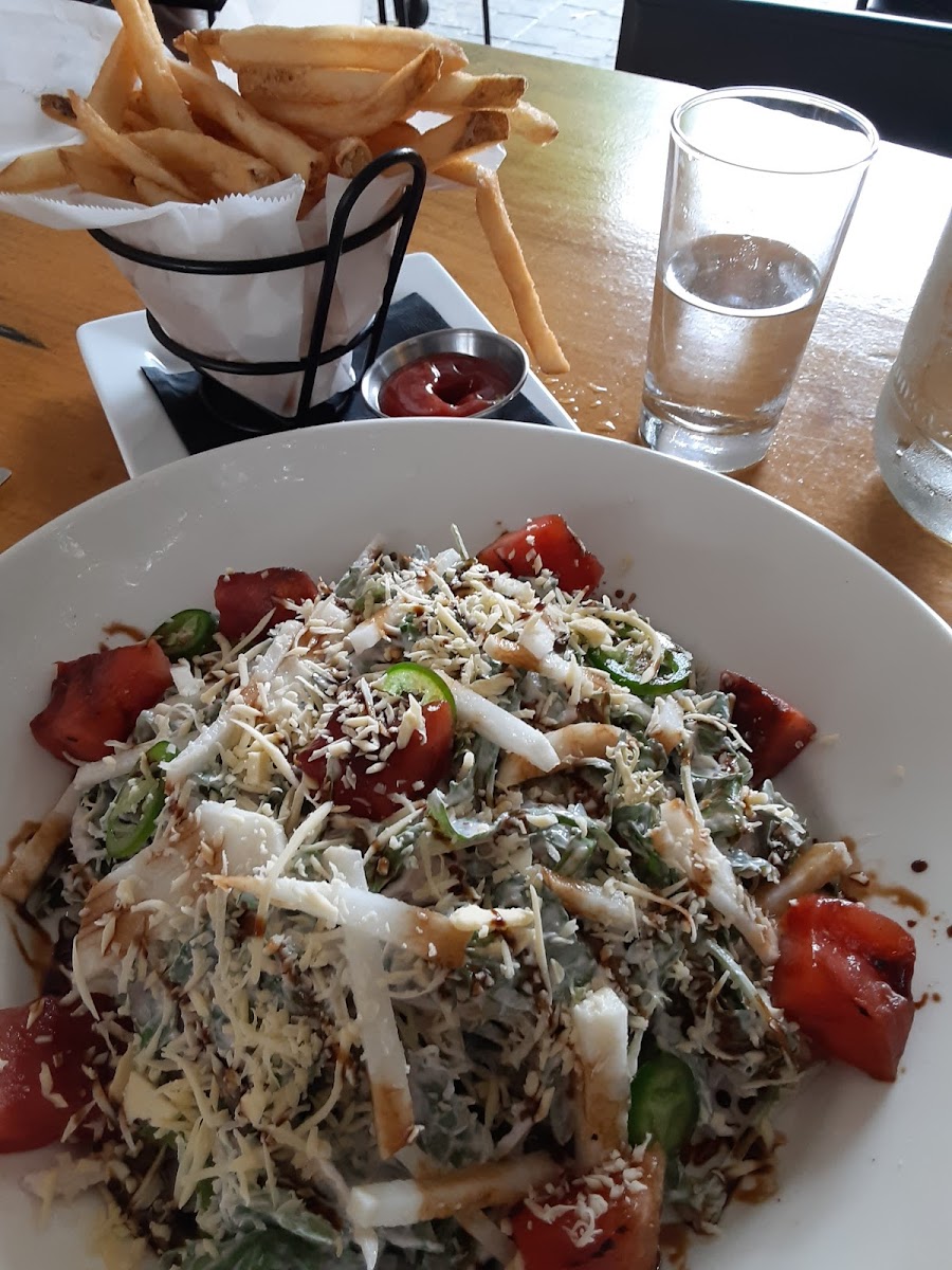 Grilled watermelon salad and french fries