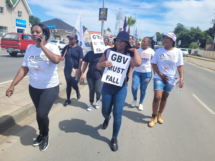 Members of the Nokwanda Patocka GBVF Foundation march from Qonce magistrate's court to stand against gender-based violence. File photo.