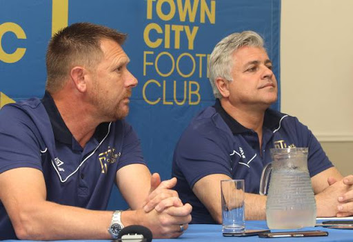 Cape Town City FC coach Eric Tinkler and owner John Comitis during the club's press conference held at the Greek Club on August 04, 2016 in Cape Town, South Africa. (Photo by