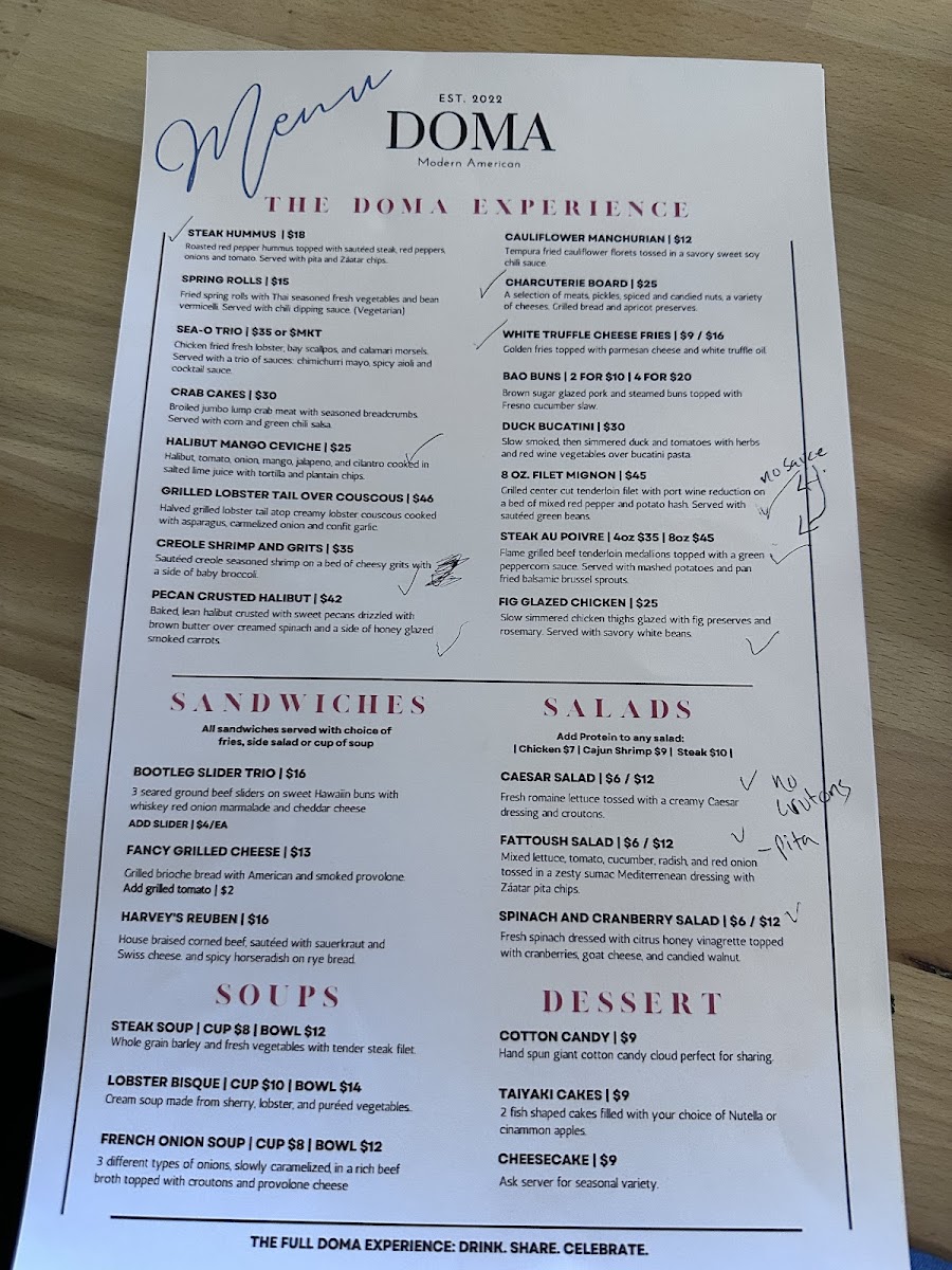 DŌMA gluten-free menu