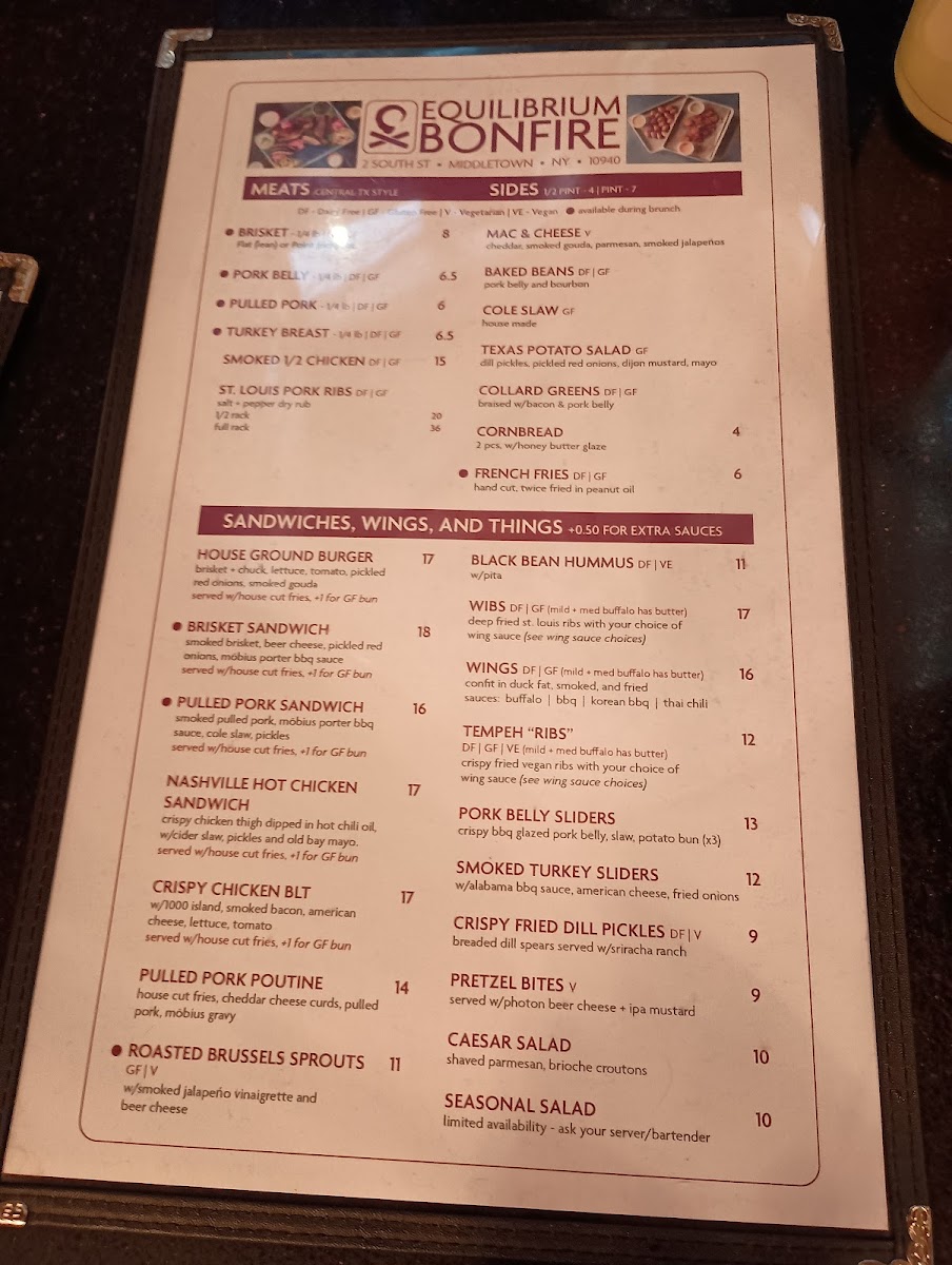 Equilibrium Brewery- Taproom and Bonfire Restaurant gluten-free menu