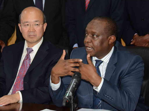 National Treasury CS Henry Rotich with China ambassador to Kenya Dr Liu Xianfa during the signing of a China Buyer Credit Agreement to Finance Roads.Photo Courtesy