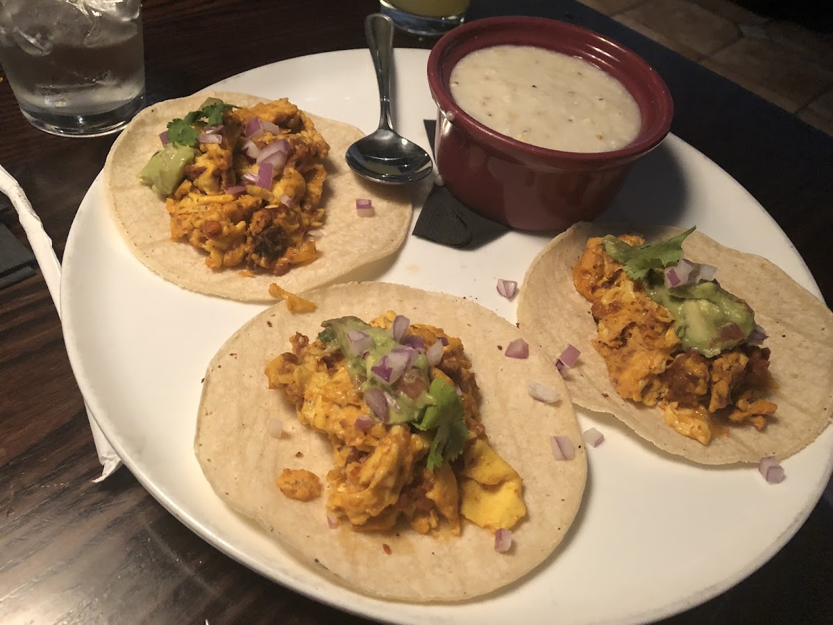 Gluten Free Chorizo breakfast tacos with grits