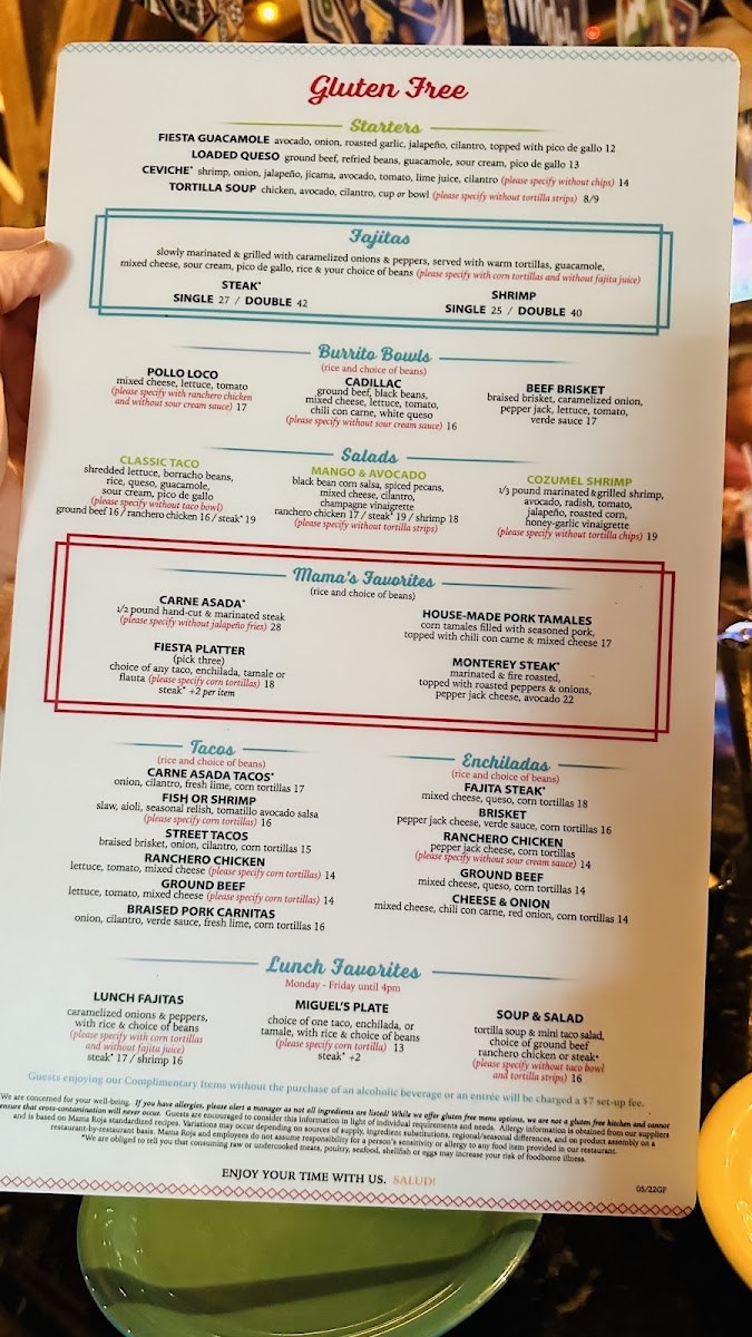 Mama Roja gluten-free menu