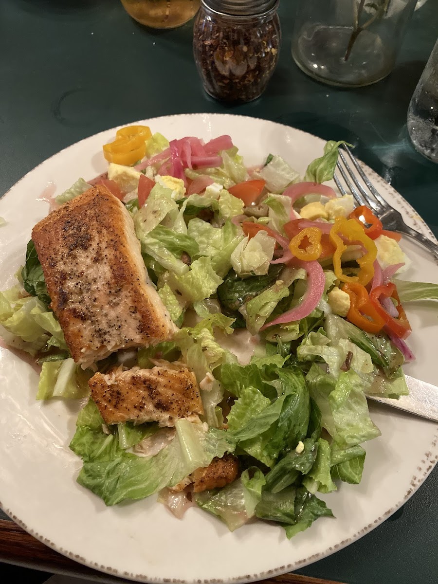 Salmon pecan salad with raspberry vinaigrette