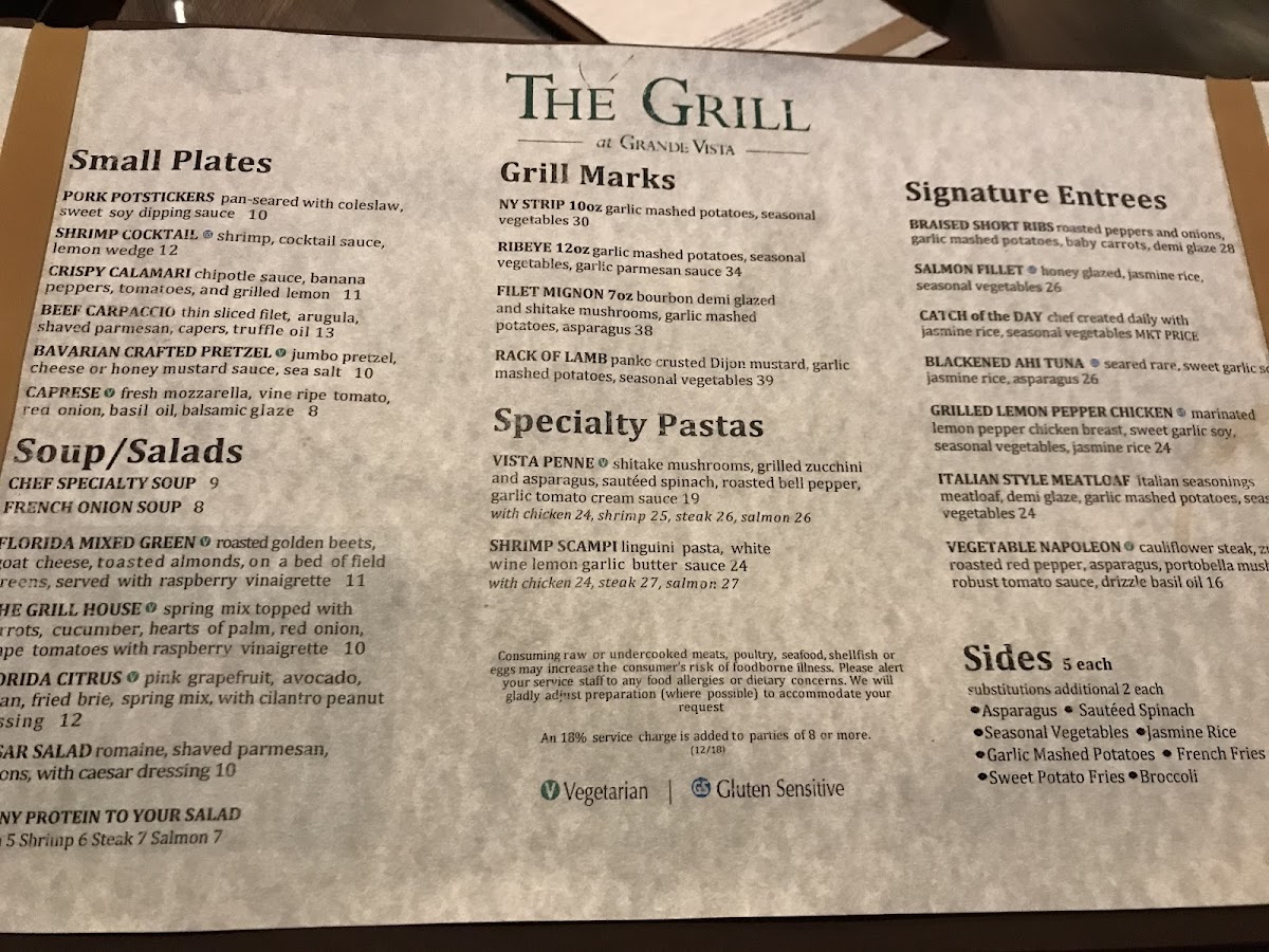 Grill at Grande Vista gluten-free menu
