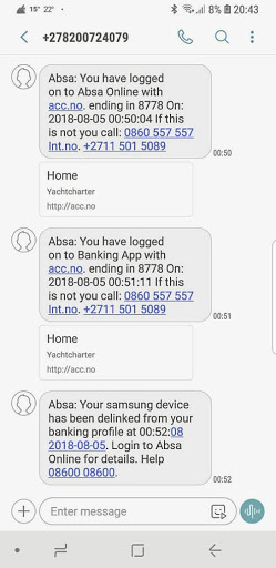 Screen grab of SMSes from Absa to Ofentse Ramarumo.