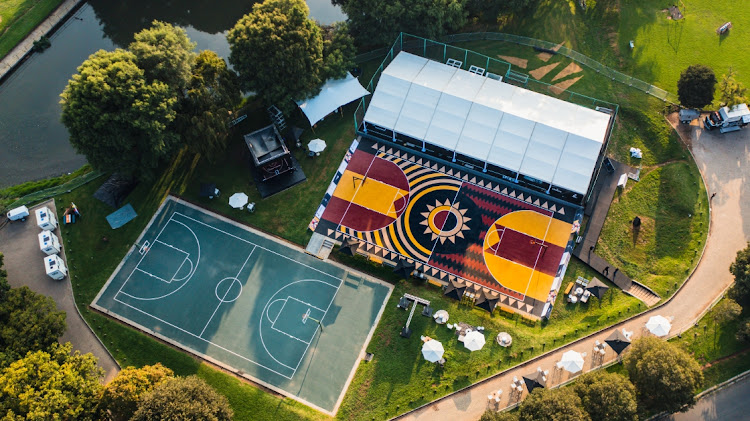 An aerial shot of the revamped basketball court at ZooLake.