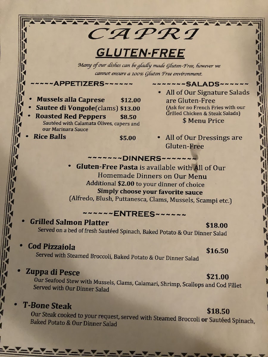 Capri Pizza Restaurant gluten-free menu