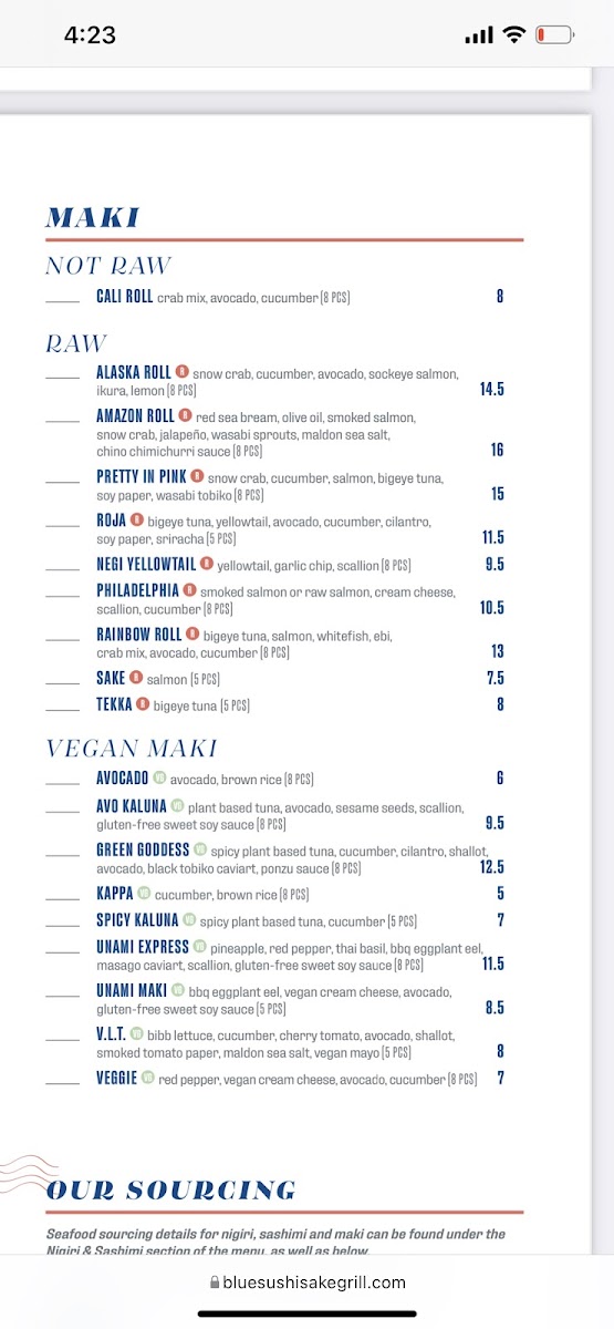 Blue Sushi Sake Grill gluten-free menu