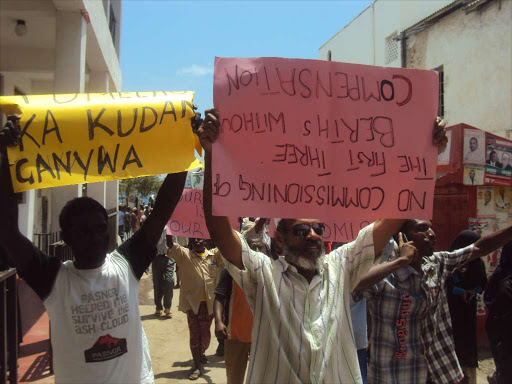 Lamu farmers protesting in Lamu streets over the delay in compensation of those who will be displaced by the LAPSSET project on February 20, 2013. Photo/File