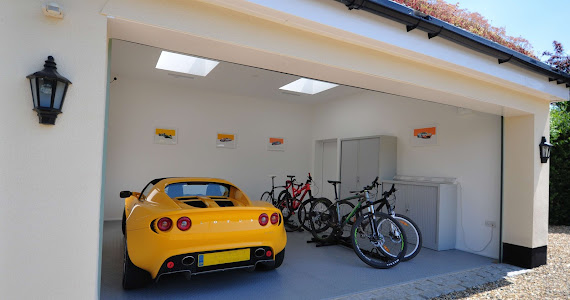 home garage, yellow car with bicycles