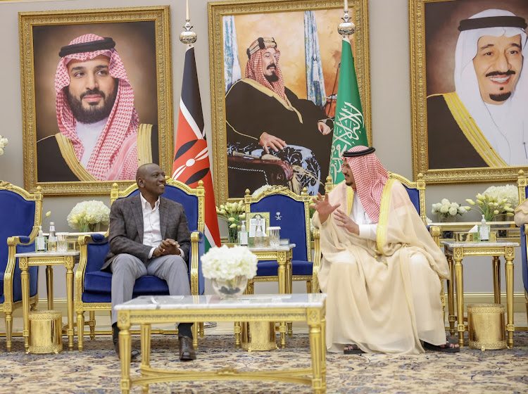 President William Ruto having a discussion with His Royal Highness Prince Mohammed bin Abdul Rahman bin Abdulaziz Al Saud - Deputy Governor of Riyadh in Saudi Arabia