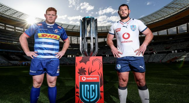 DHL Stormers captain Steven Kitshoff and Vodacom Bulls captain Marcell Coetzee pose with the United Rugby Championship trophy ahead of the final at Cape Town Stadium.