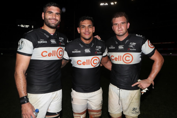 Ruben van Heerden with Luke Stringer and Tyler Paul of the Cell C Sharks during the Currie Cup match between Cell C Sharks and Xerox Golden Lions XV at Jonsson Kings Park Stadium on September 22, 2018 in Durban, South Africa.