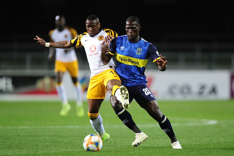 Siphelele Mthembu of Cape Town City is challenged by George Maluleka of Kaizer Chiefs during the Absa Premiership 2019/20 game between Cape Town City and Kaizer Chiefs at Newlands Stadium in Cape Town on 27 August 2019.