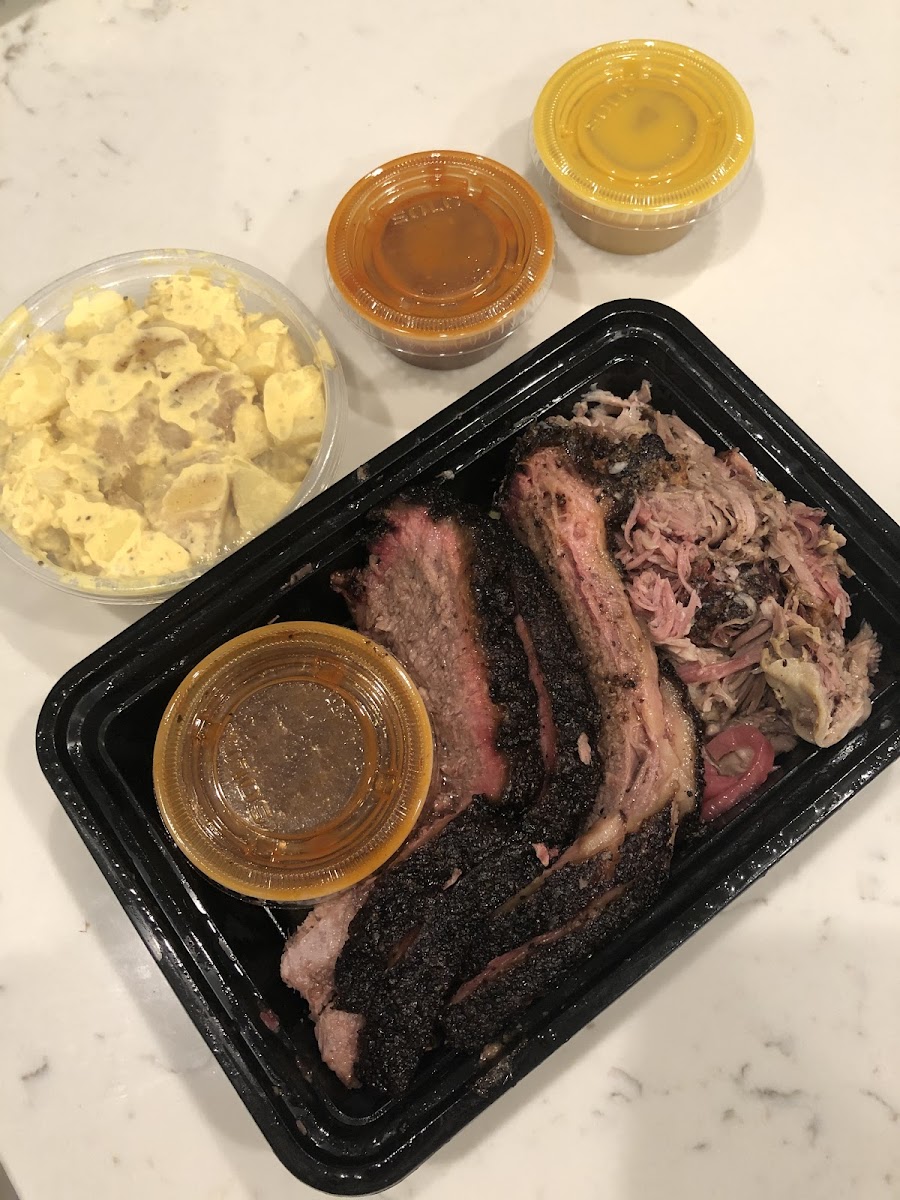 Brisket, pulled pork, potato salad