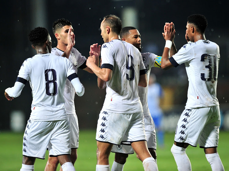 Eleazar Rodgers#9 celebrates goal with teammates during the 2018 CAF Champions League football match between Bidvest Wits and Pamplemousses at Bidvest Stadium, Johannesburg on 10 February 2018.