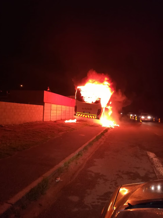 One of two Golden Arrow buses that were set on fire in Khayelitsha, Cape Town, on August 6 2018. No injuries were reported.