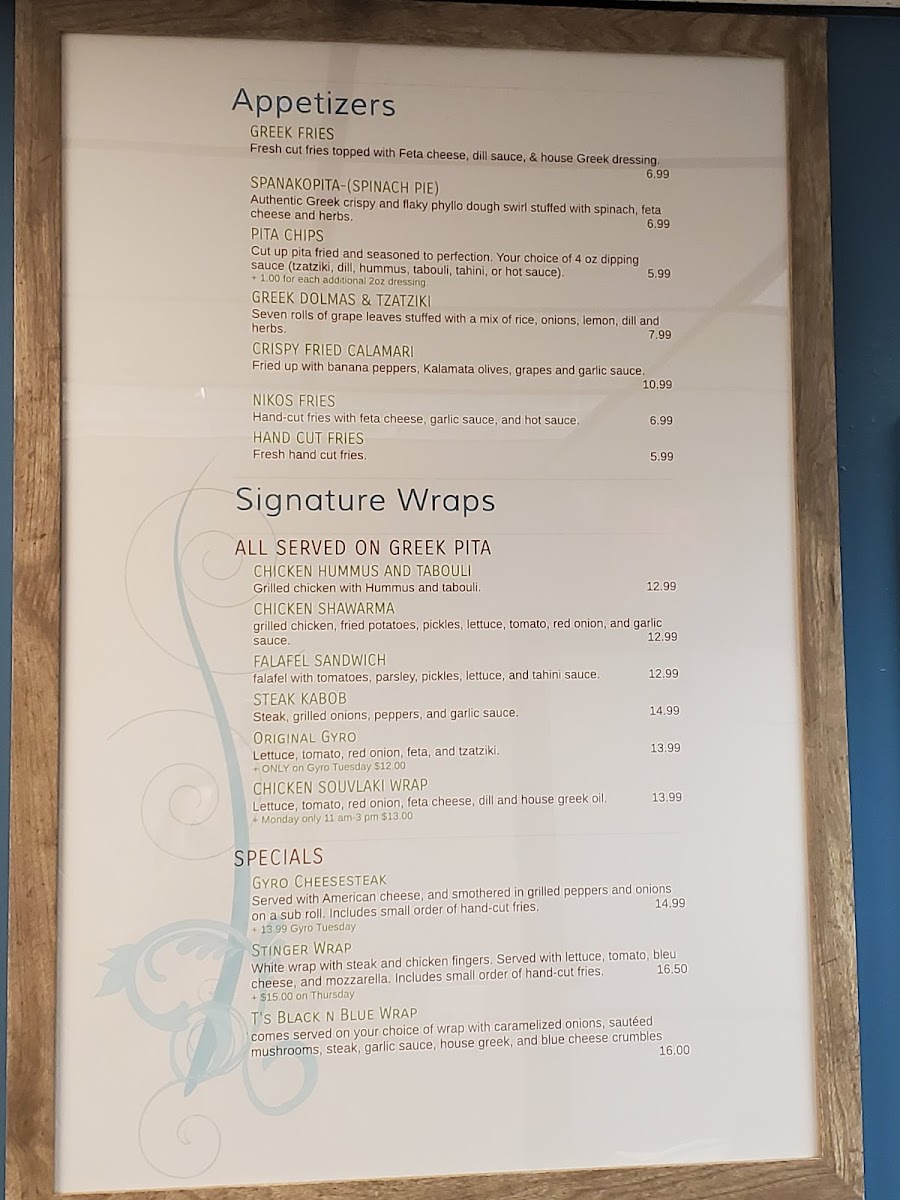 Nikos Mediterranean gluten-free menu