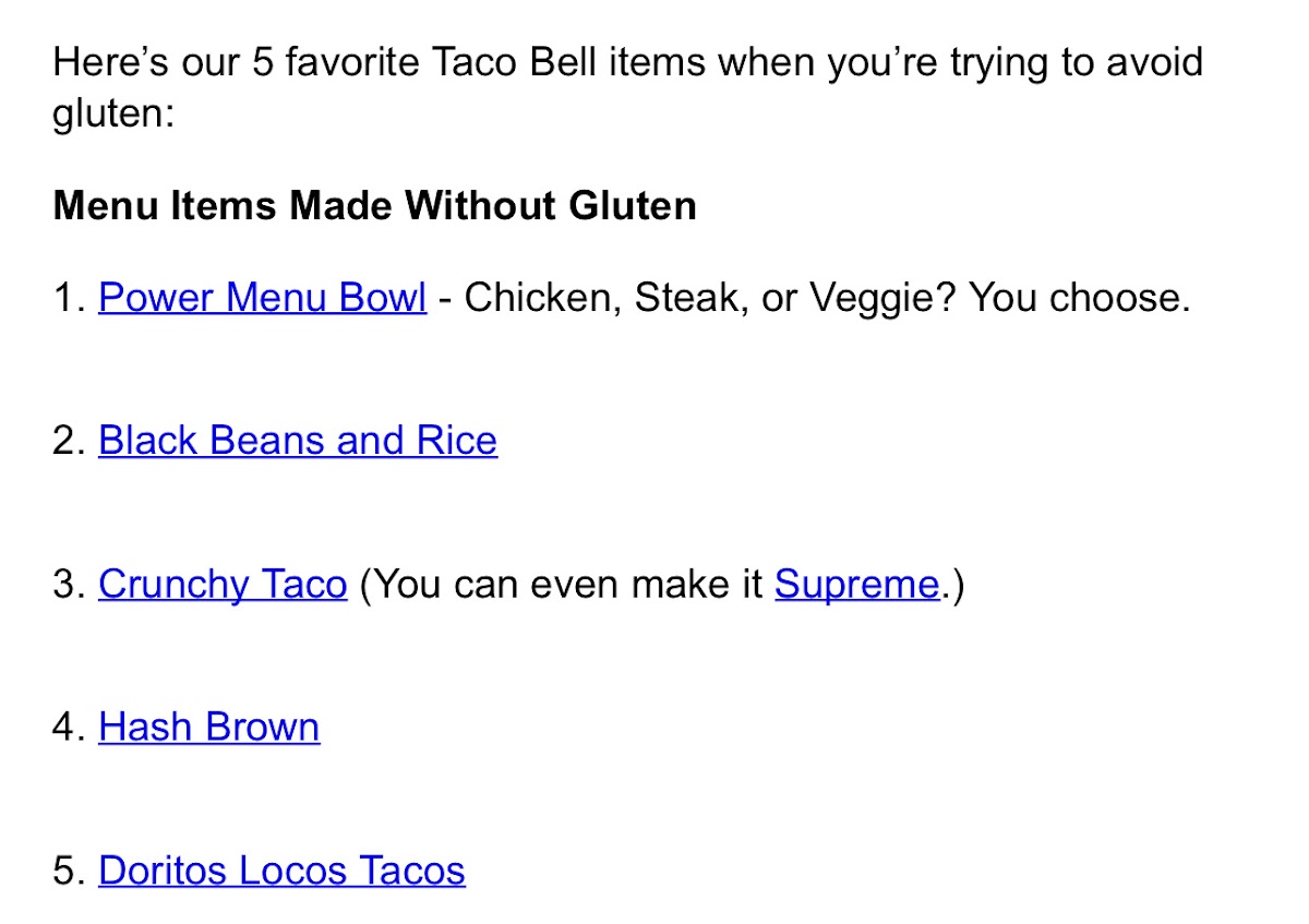 Taco Bell gluten-free menu