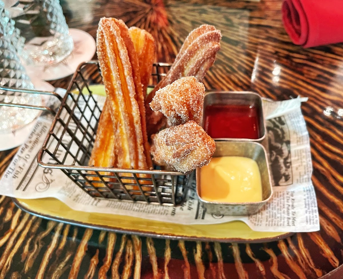 GF churros with vanilla creme and strawberry chili dipping sauces. Soo tasty!