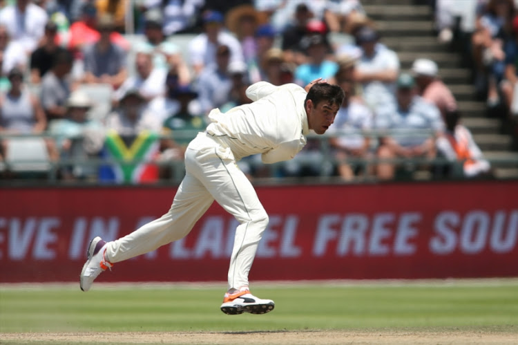 Duanne Olivier of South Africa sends down a delivery during day 3 of the 2nd Castle Lager Test match between South Africa and Pakistan at PPC Newlands on January 05, 2019 in Cape Town, South Africa.