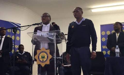Fikile Mbalula presented Colonel Bongani Mtakati to the crowd in Philippi East after the recent murders in Marikana saying "I have faith in this man‚ they call him a wizard. He is up to the task at hand.” Image: Anthony Molyneaux