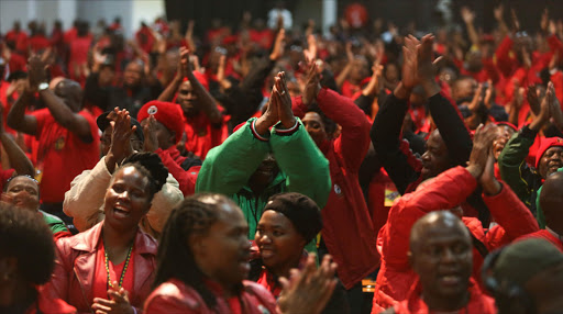 Cosatu members sing and clap as the biggest trade union federation in the country, Cosatu holds its special national congress at Gallagher Estate in Midrand, Johannesburg.