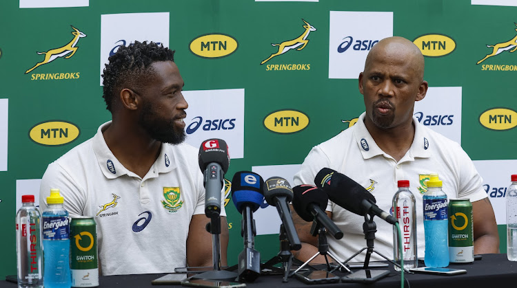 Springbok captain Siya Kolisi and assistant coach Mzwandile Stick during a media conference ahead of the Rugby Championship clash against New Zealand at Mbombela Stadium on Saturday.
