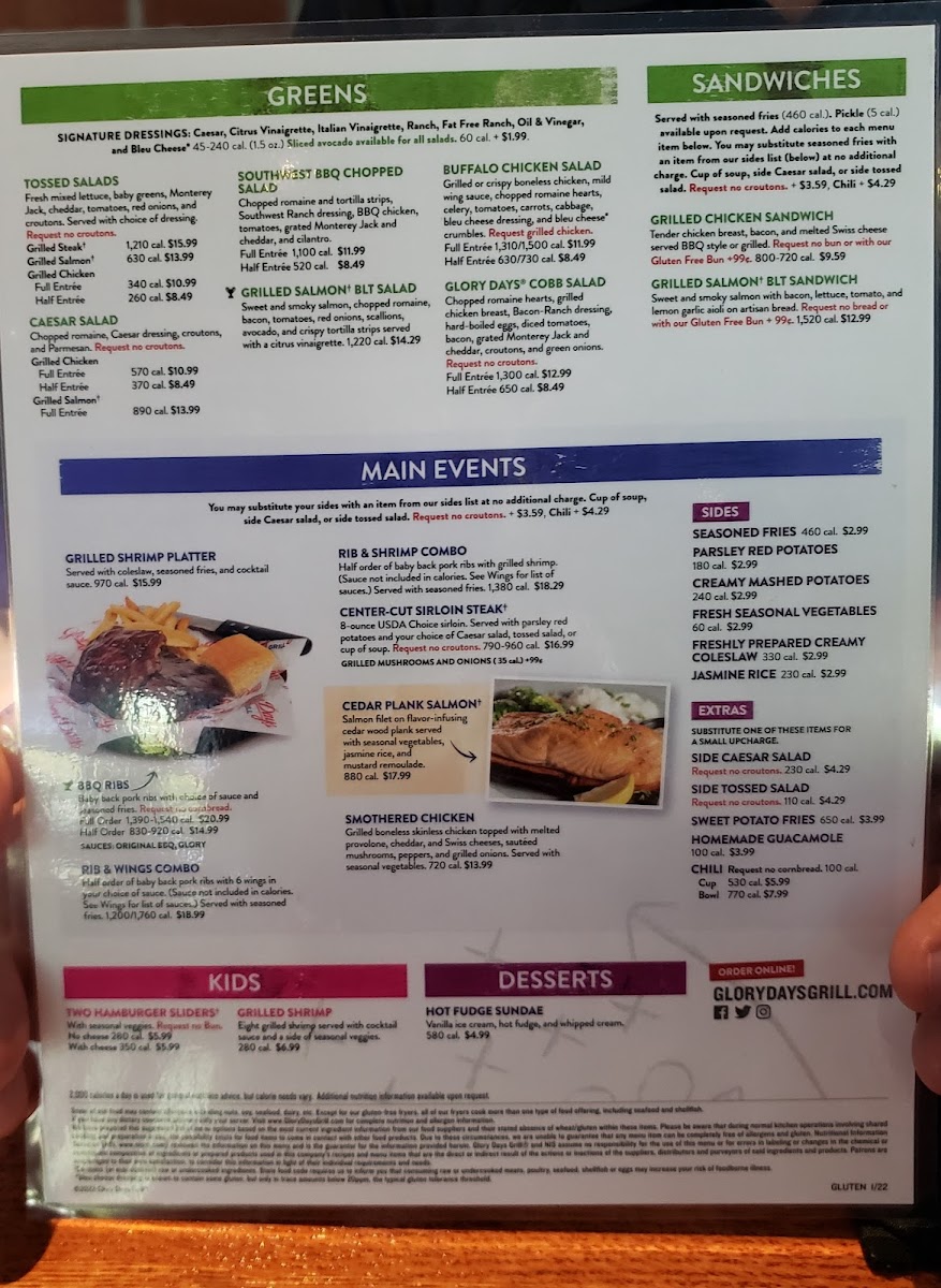 Glory Days Grill gluten-free menu