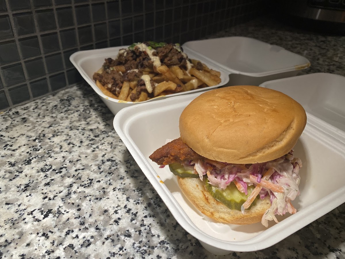 Fried Chicken Sandwhich (with GF bun)   Chili Queso Fries