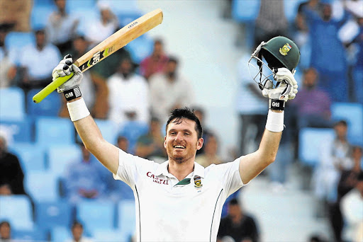 TWO-TON MAN: Proteas' captain Graeme Smith celebrates his double century during the second day of the second Test against Pakistan at the Dubai International Cricket Stadium yesterday. It was his fifth Test double century.