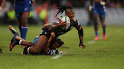 Sibusiso Nkosi of the Cell C Sharks crashes over during the Super Rugby match against the visiting DHL Stormers at Jonsson Kings Park on April 21, 2018 in Durban, South 